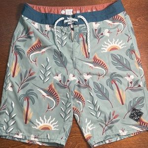 Salty Crew swim trunks size 28”, but logo on shorts is messed up.
